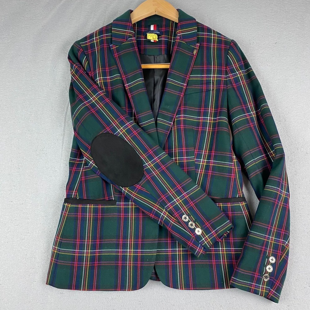 Tommy Hilfiger Plaid Blazer Womens Size 6 Preppy Equestrian Elbow Patch Jacket